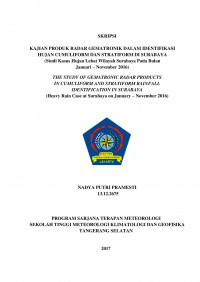 Image of KAJIAN PRODUK RADAR GEMATRONIK DALAM IDENTIFIKASI
HUJAN CUMULIFORM DAN STRATIFORM DI SURABAYA
(Studi Kasus Hujan Lebat Wilayah Surabaya Pada Bulan
Januari – November 2016)